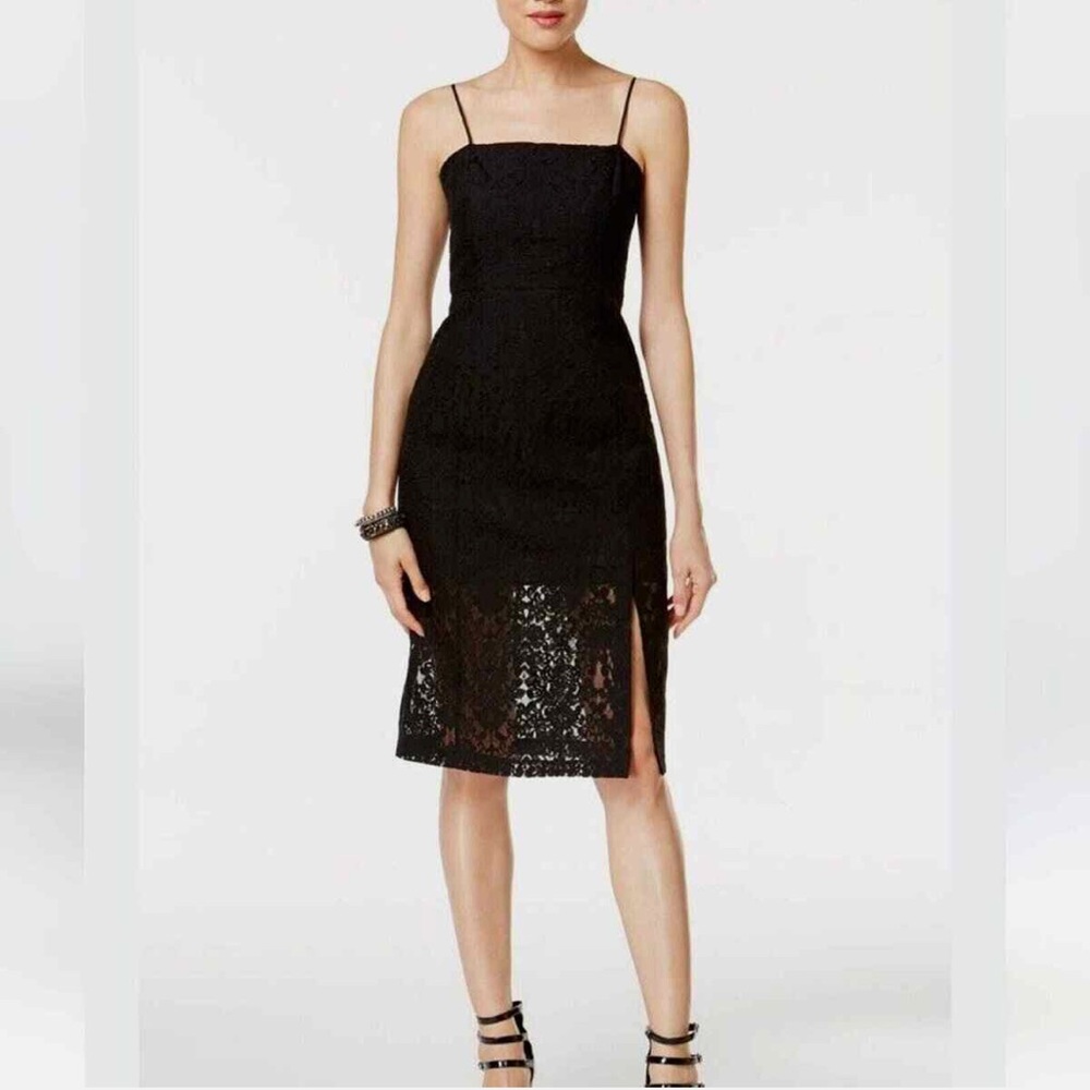BCBGeneration sheath dress with lace overlay & spaghetti straps